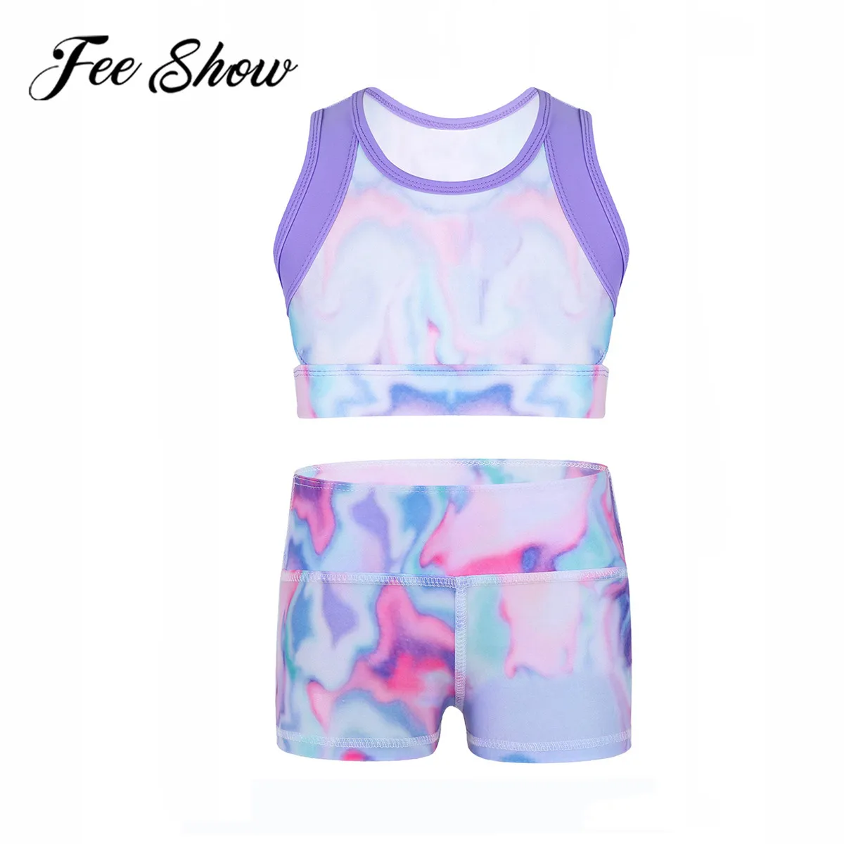 

Kids Sleeveless Boy-cut Tanks Crop Top High Waist Dance Shorts Bottoms Colorful Sports Gymnastic Workout Summer Clothing Set