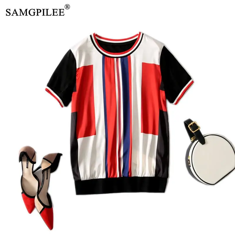 

Summer T-shirts For Women 2022 New Printed Short-sleeved Knitted Stitching Vertical Striped Tshirts Retro Thin Loose Chiffon 4XL