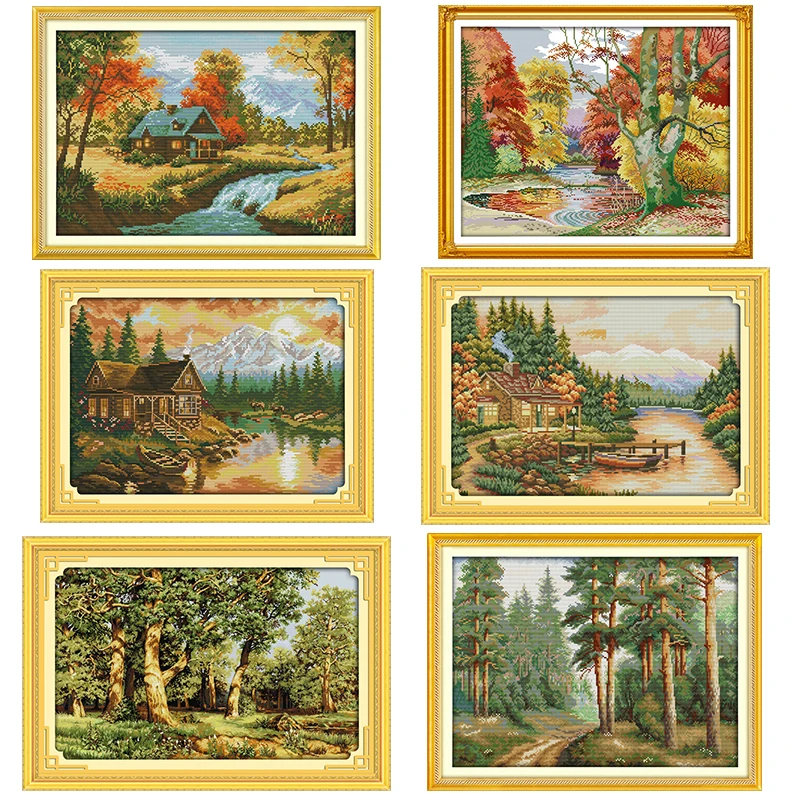 Autumn Scenery Series Printed Cross Stitch Kit DIY Landscape Pattern Embroidery Set 14CT11CT Needlework Home Decoration Painting