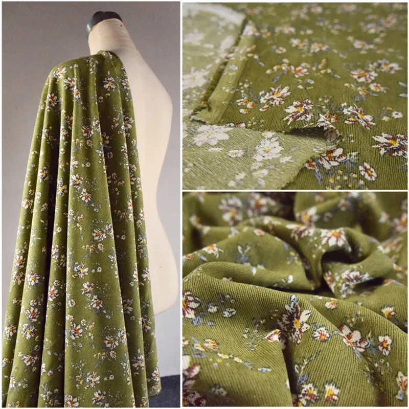 Half Meter Autumn Green Little Flower Print Cotton Corduroy Fabric For Cheongsam Trousers Girl Garment Material T1487