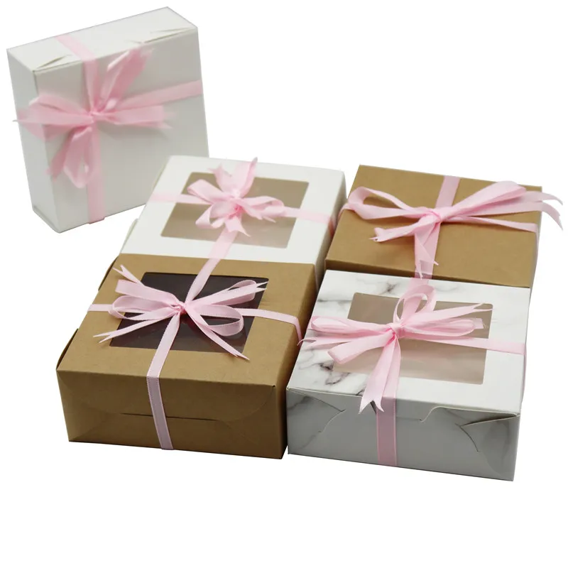 50Pcs 12x12x4.5cm Gift Boxes Wedding/Birthday Party Small Cakes Must-Have Packaging Paper Boxes With Pink Ribbon