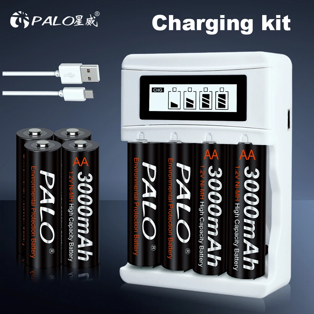 

PALO 3000mAh 1.2V AA Ni-MH Rechargeable Battery + LCD Smart Battery Charger 1.2V AA Batteries For Flashlight Microphone Camera