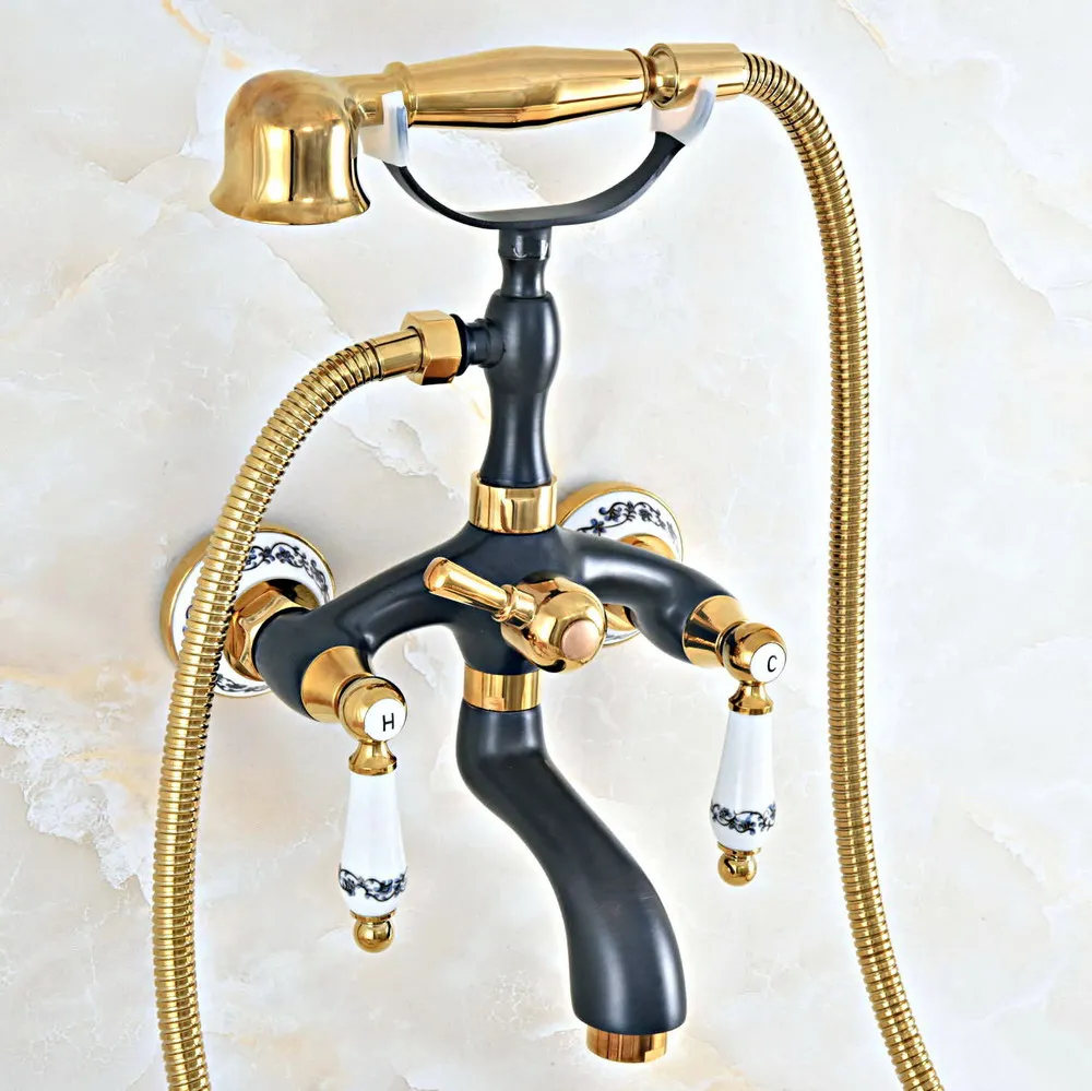 

Black Gold Color Brass Wall Mount Bathtub Bathroom Faucet Telephone Style Mixer Faucet Tap with Dual Handle Handshower zna441