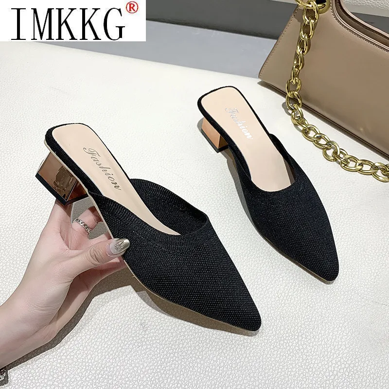 2021 Summer Women Yellow Black Knitted Slides Mules New Elegant Mesh Breathable med heel Slippers Closed Toe Slides Party Shoes