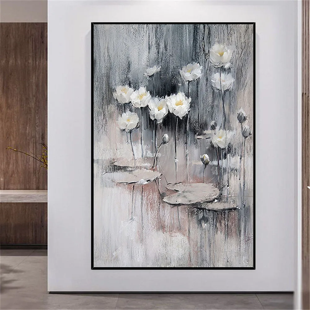 

Monet Vertical Hand-Painted Oil Paintings Abstract Water Lily Gray Texture Canvas Picture Modern Home Decoration Painting Mural