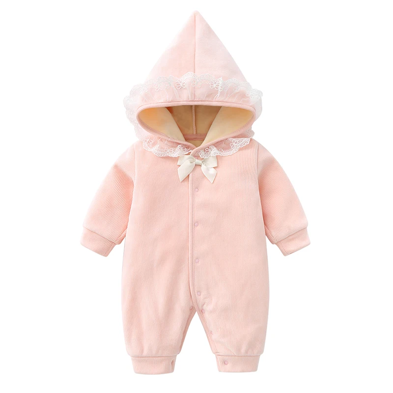 Autumn Winter Newborn Baby Hooded Rompers Thicken Warm Long Sleeve Jumpsuit Lace Princess Girls Onesie Clothes