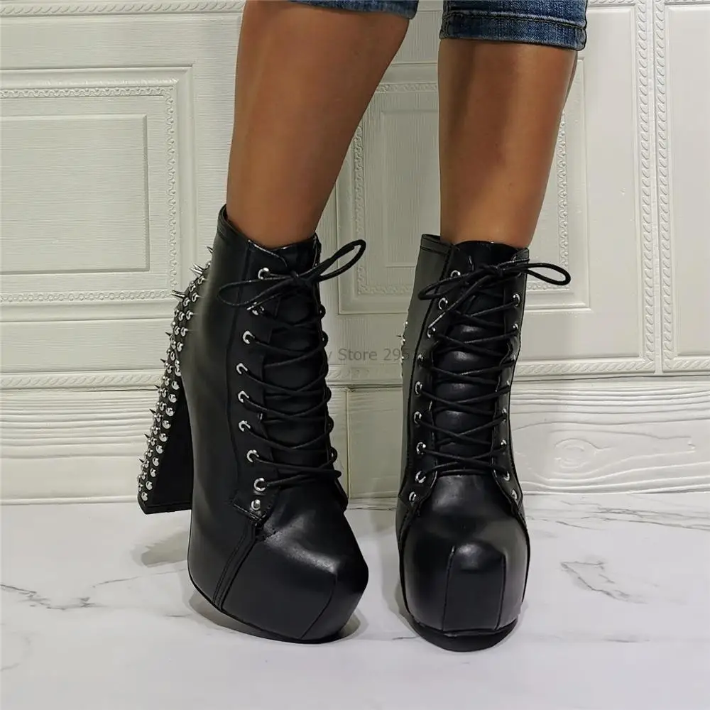 

Rivet Decor Motorcycle Boots Women Round Toe Cross -tied Thick Heel Black Boots Platform Chunky Heel Ankle Boots Women In Stock