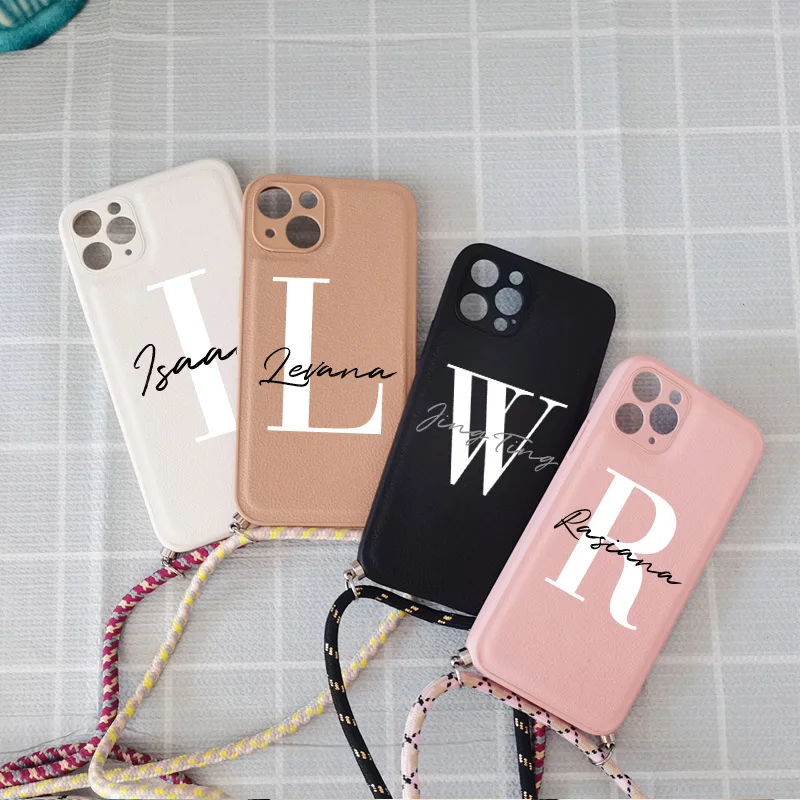 Customize Monogram Initial Name Luxury Leather Case iPhone 13 12 11 Pro Max 7 8 Plus X XR XS Max Case soft PU Lanyard Strap Case