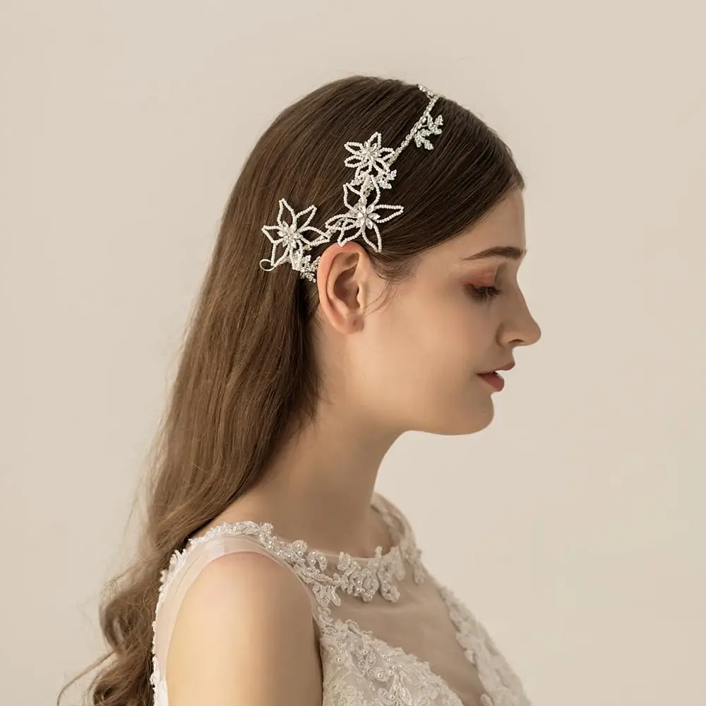 O536 Dirantai Mutiara Bunga Pernikahan Kustom Pearl Beaded Gadis Lucu Permata Pengantin Mengkilap Headband Hai... untuk Pengantin