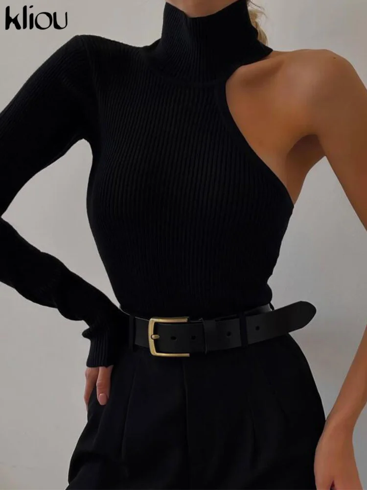 Kliou Solide Strick Body Frauen Mode Rollkragen Eine Schulter Langarm Street Style Overalls Dünne Weibliche Streetwear – Detail 4