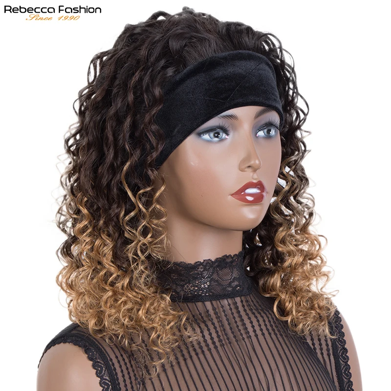 Peruca Glueless Deep Wave Headband para Mulheres, Cabelo Humano, Remy Brasileiro, Máquina Completa Feita, Rebecca, Meia Peruca, Ombre Loiro