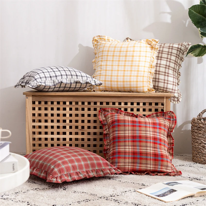 Check Cushion Cover Coffee Black Yellow Green Cotton Skirt Fringed Pillow Cover 45x45cm Home Decor for Living Room Bed Room