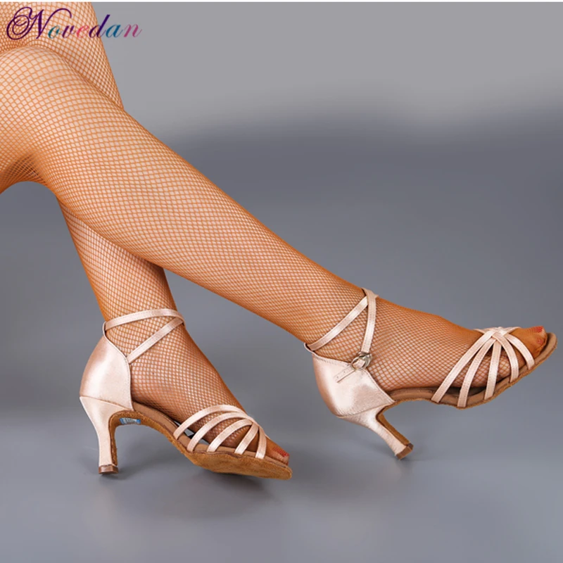 Women Latin Dance Shoes Satin Sandal Ladies Girls Salsa Tango Ballroom Dancing Shoes Soft Sole High Heels 5 cm/6 cm/7 cm/8 cm