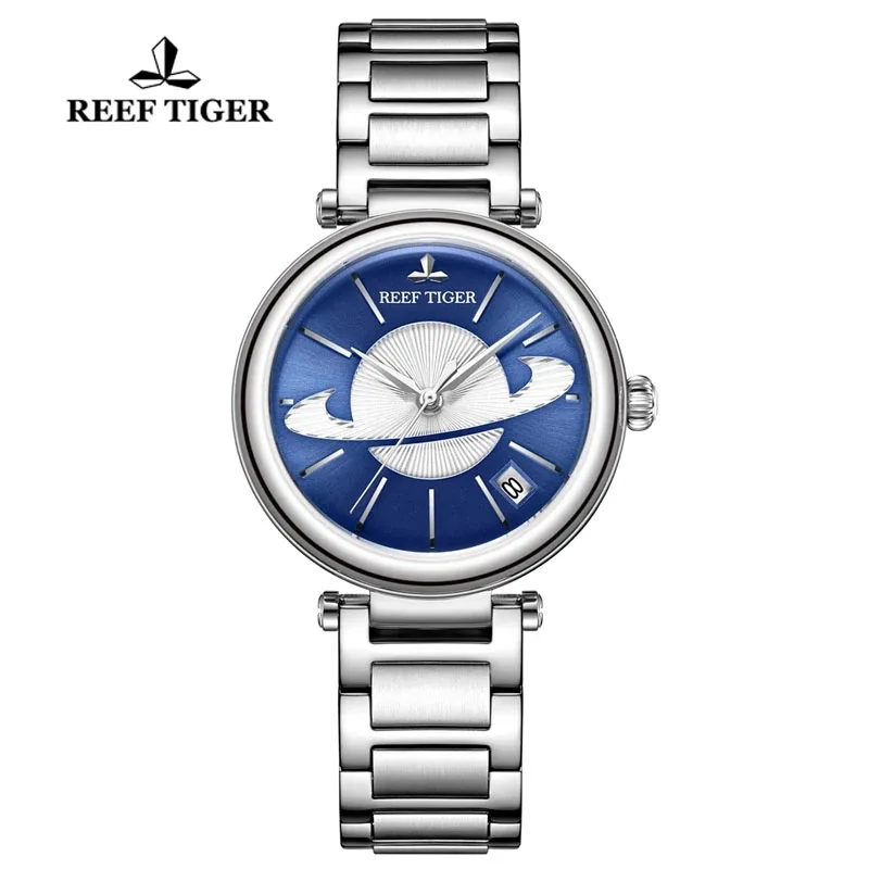 Reef Tiger/RT Fashion Blue Women Watch Luxury Steel Exquisite Watch Brand Luxury Automatic Mechanical Watches reloj mujer