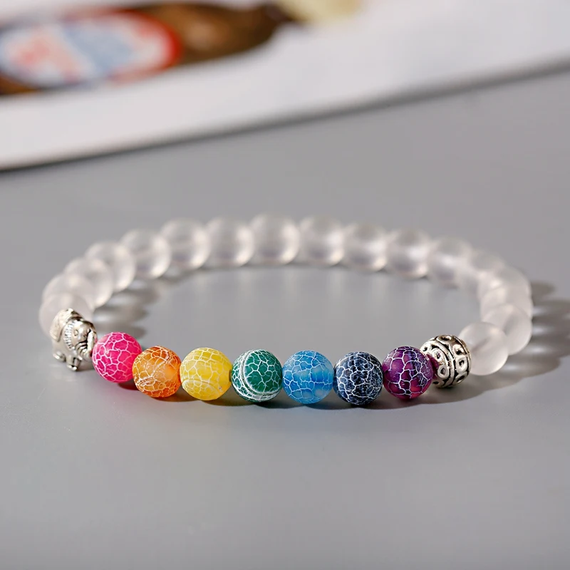 Classic 7 Chakra Weathered Stone Bracelet for Women Men Meditation Yoga White Stone Elephant Round Beaded Bracelet Jewelry