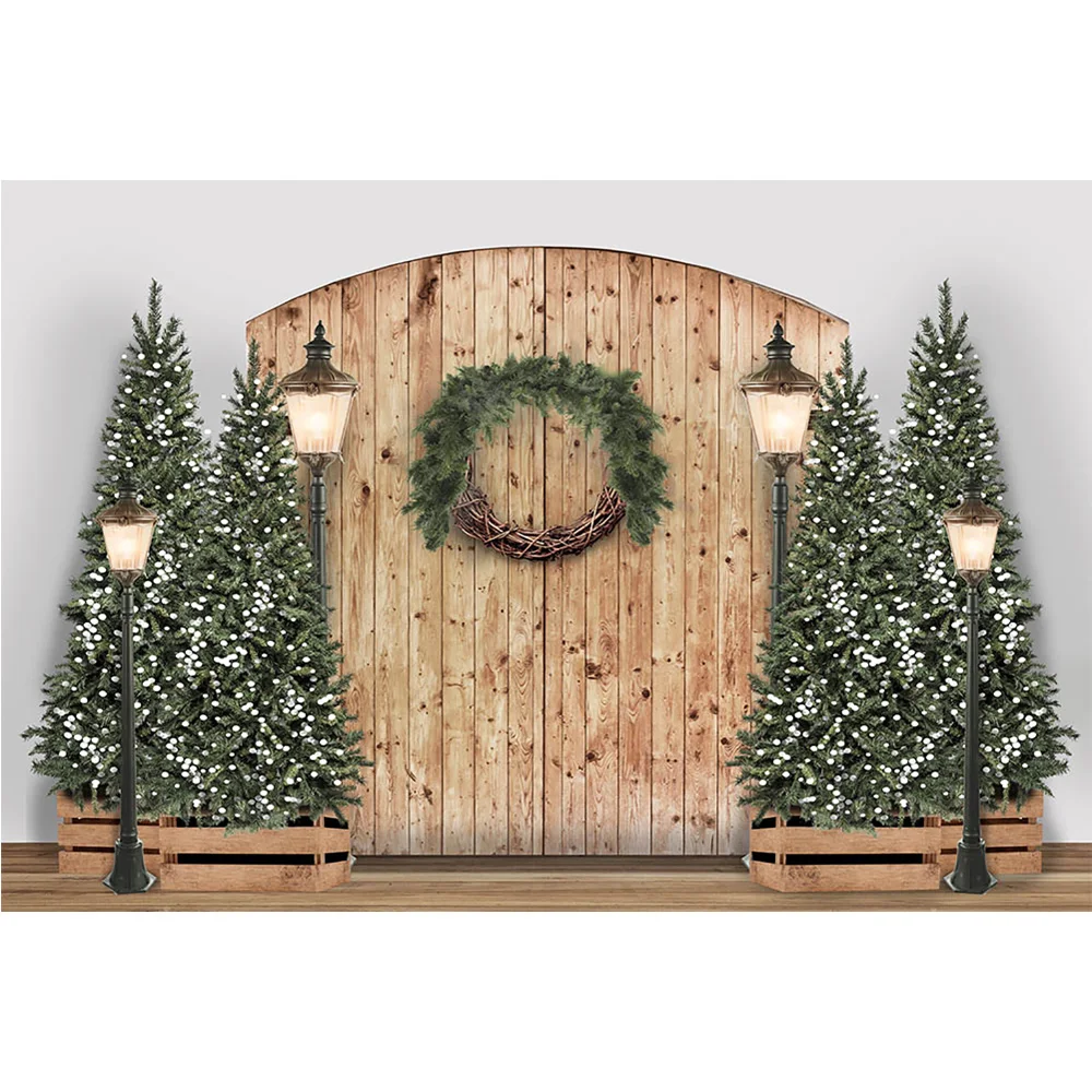 عيد الميلاد الرجعية ريفي الباب خلفية إكليل مصباح أشجار عيد الميلاد ديكور الحفلات الشتاء الأطفال عيد ميلاد خلفية استوديو الصور
