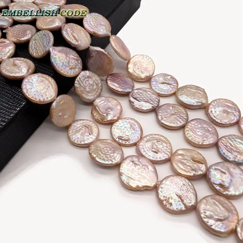 20mm Large Huge DIY Beads 40cm-41cm Strand About 17pcs/Lot Pink Peach Color Flat Round Coin Shape Freshwater Pearl Some Defect