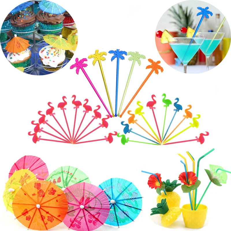 Hawaii DIY Stirrers For Flamingo Party Mini Mixed Umbrellas Parasol Snack Cocktail Party Decoration Summer Beach Party Decor