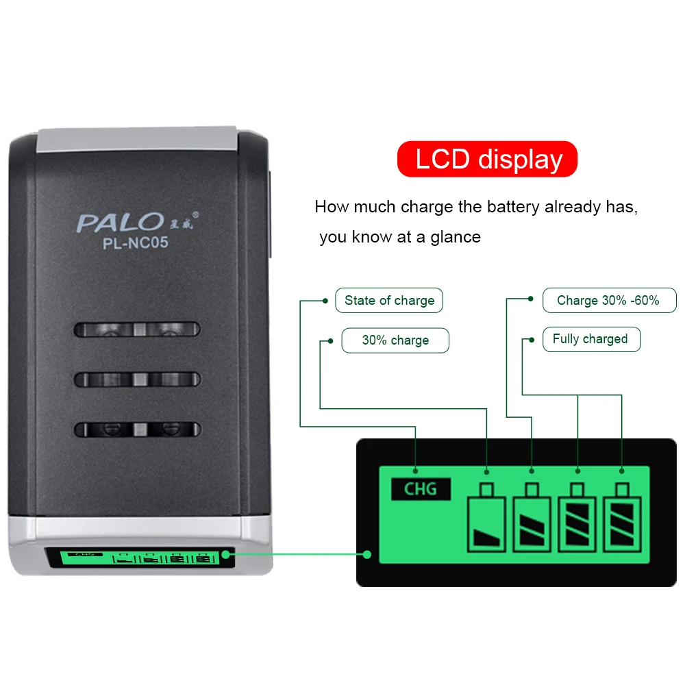 PALO 1100mAH AAA Akumulator 1.2v Ni-Mh AAA Baterie AAA + Ładowarka wyświetlacza LCD do akumulatorów Ni-Mh Ni-Cd AA AAA