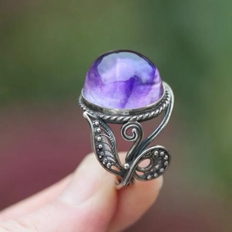 Hot Sale Vintage Purple Crystal Anicent Silver Color Leaves Branch Alloy Rings for Women Party Birthday Jewelry Accessories image 5