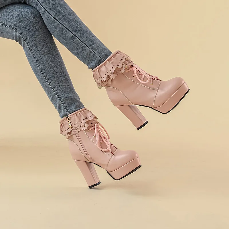 YMECHIC Autunno Inverno Lolita Hollow Ruffles Cross Cinghia Della Caviglia di Modo Stivali Tacco Alto Rosa Beige Rosso Della Piattaforma Scarpe