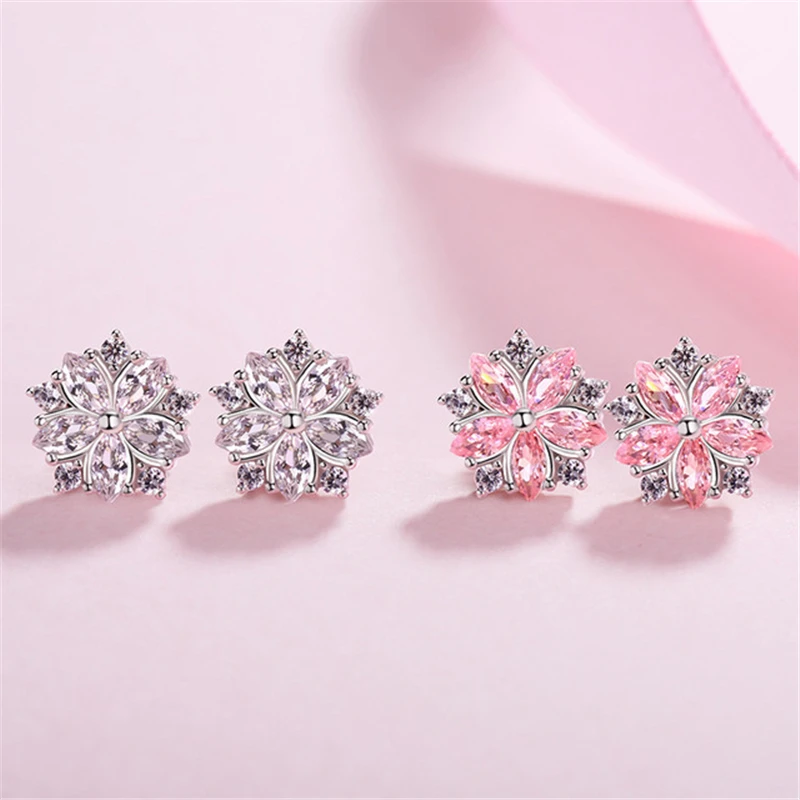 Bohemia Crystal Female Pink Snowfalke Earrings Wedding Jewelry Boho Small Sakura Flower Stud Earrings For Women Exquisite gift