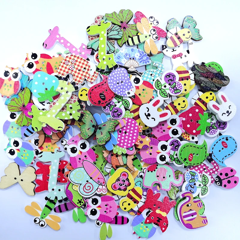 50Pcs Mixed Cartoon Animal Wooden Buttons 2 Holes Scrapbooking Crafts DIY Kids Clothing Accessories Sewing Wood Button Decor