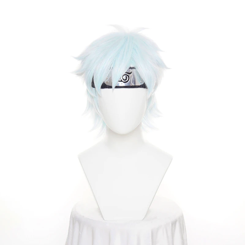 BORUTO NEXT GENERATIONS Mitsuki Cosplay Wig Short Light Blue Mixed Heat Resistant Synthetic Hair Wig +Headwear + Wig Cap