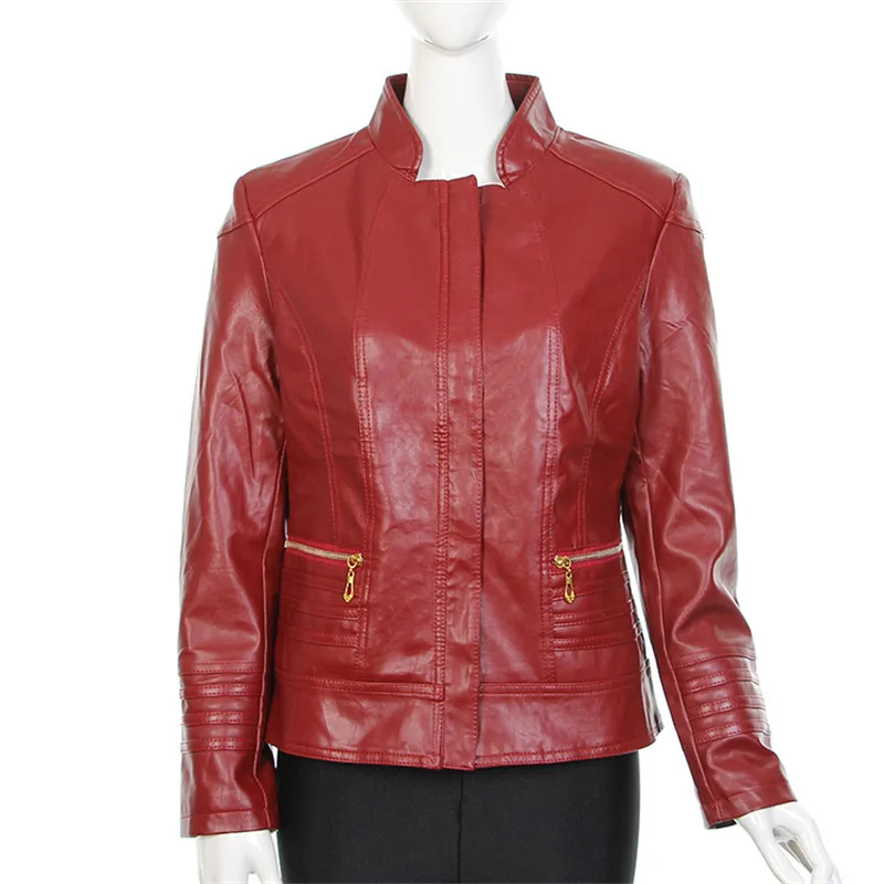 

PU Leather Women's Coats Spring Autumn Jacket Short Stand-up Collar Red Black Fashion Women Leather Outwear Motorcycle Clothing