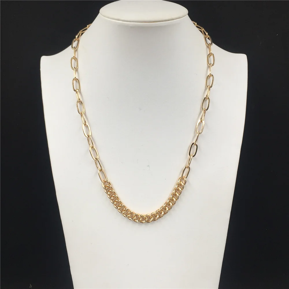 Gorgeous Gold Color Plating Two Kind of Chain Linked Decorated Necklace For Women Girl Elegant Casusal Chunky Punk Jewelry