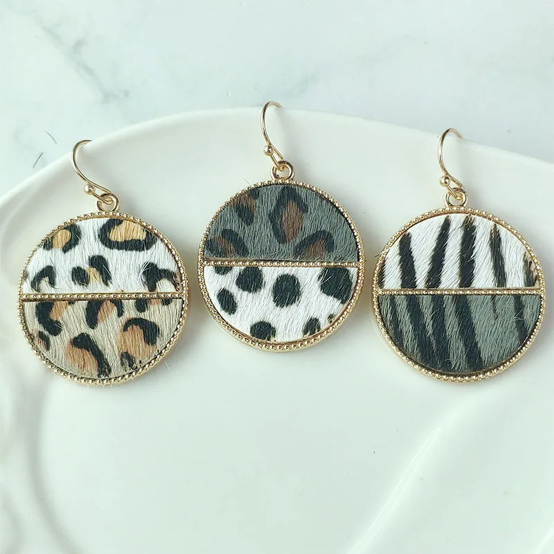 2020 New Round Alloy Horsehair Joint Geometric Bohemian Zebra Leopard Drop Earrings for Women