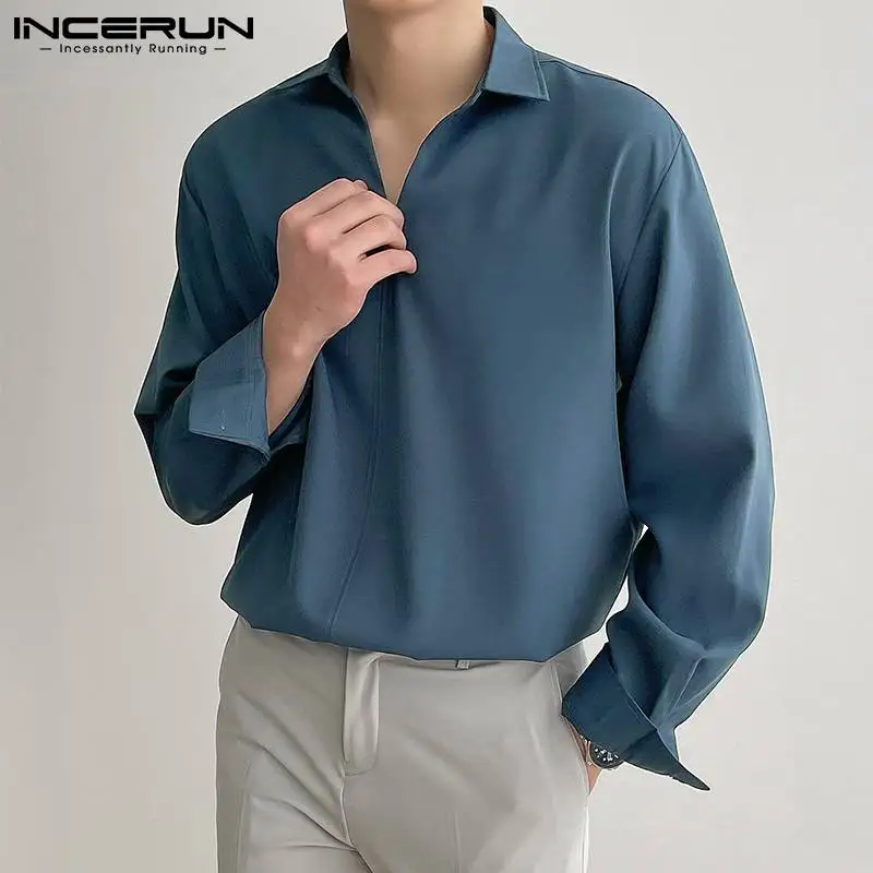 INCERUN Men Shirt Lapel Solid Color Long Sleeve Loose 2023 Korean Style Casual Men Clothing Streetwear Fashion Shirts S-3XL