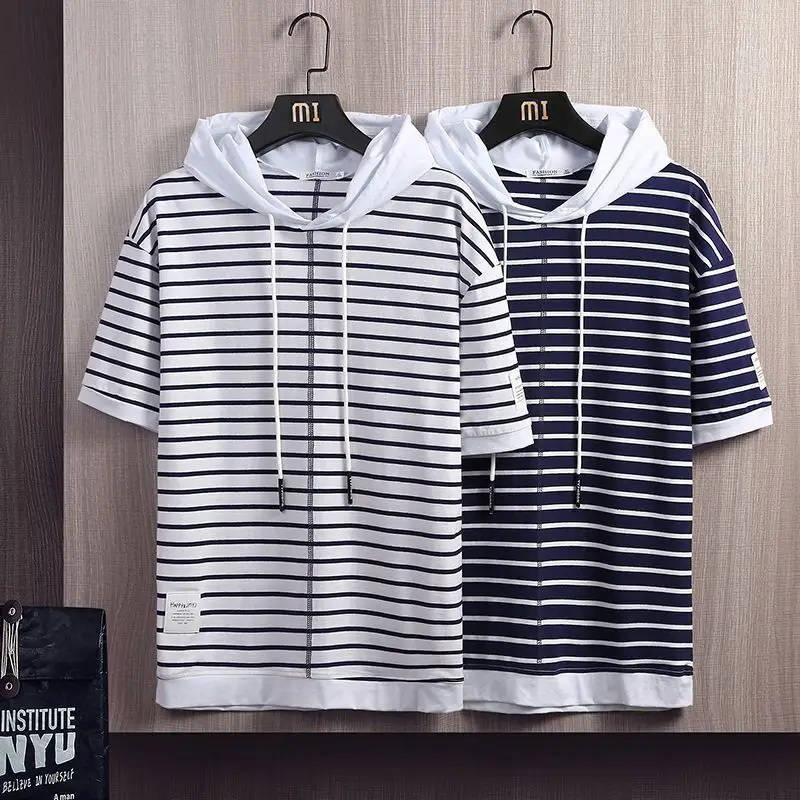 Mens Casual Striped T-shirts Summer New Male Oversized Short Sleeve Tops Tees Harajuku Men Hooded T Shirt Hip Hop Streetwear