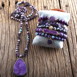 RH Fashion Boho Jewelry Set Semi Precious Stone Knotted Natural Stones Druzy Charm Pendant Necklace Bracelet set