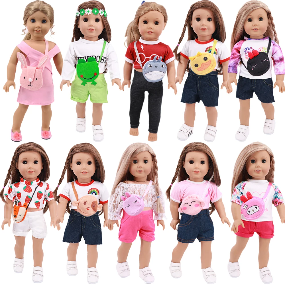 Doll Suit 2Pcs/Set T-Shirts With Shorts+Mini Cutepet Bag Fit 18Inch American Doll Clothes 43cm Baby Doll Accessories,Girls Gift