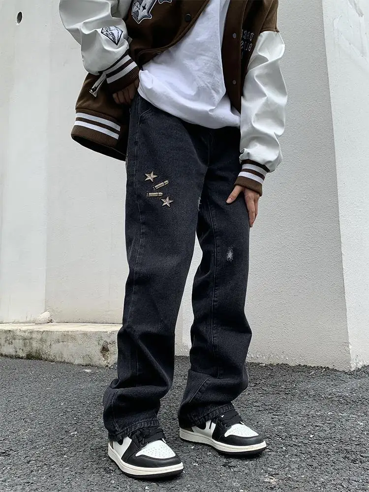 ICCLEK American Street Casual Pants Hip-hop Embroidery Pistol Jeans Men's Loose Straight High Waist Casual Trousers