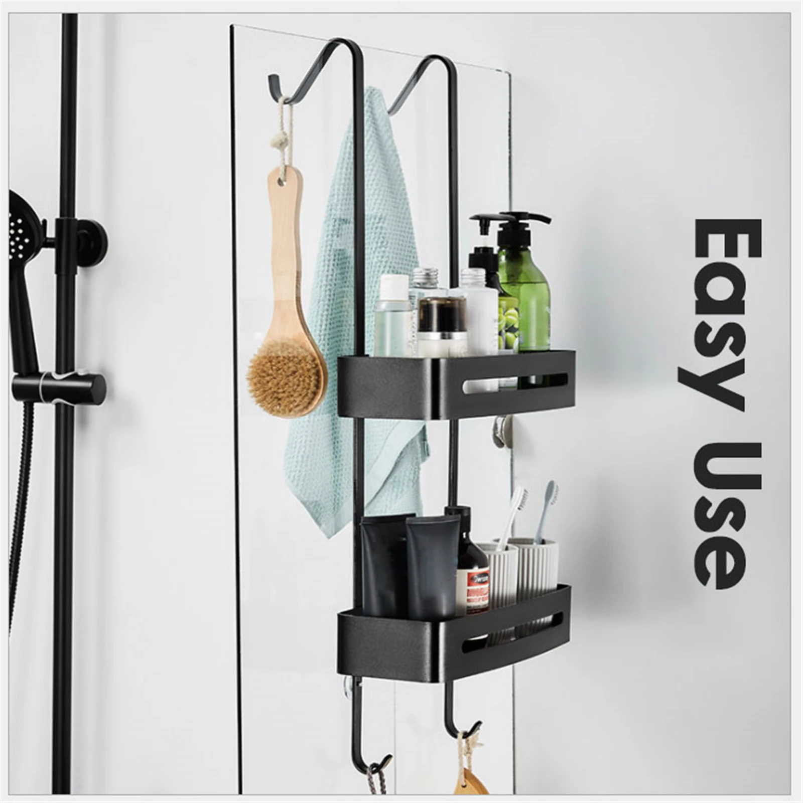 Hanging Bath Shelves Bathroom Shelf Organizer Nail-free Shampoo Holder Storage Shelf Rack Bathroom Basket Holder (Black/ White)