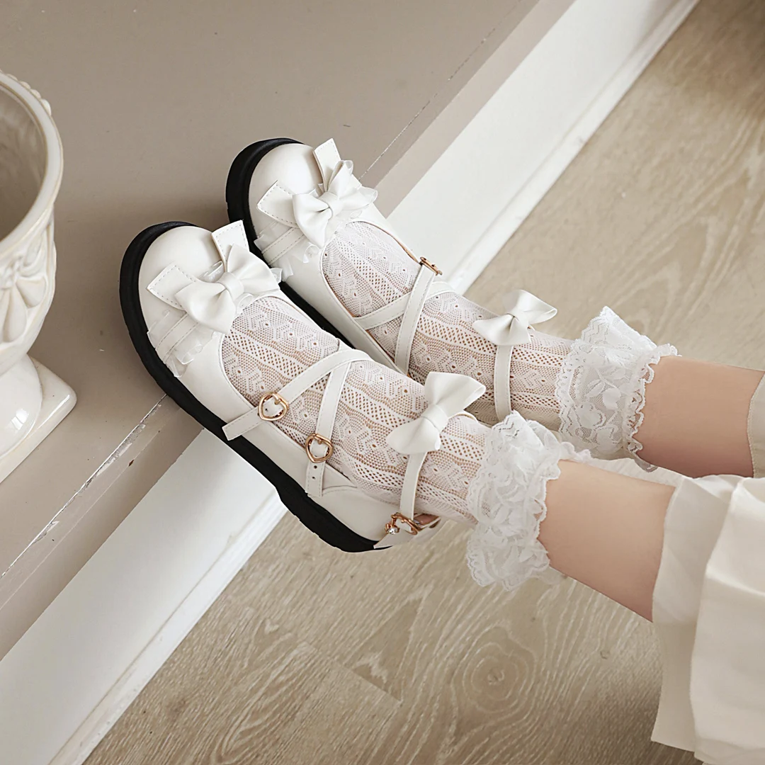 Women Fashion Low Heel Bow Rivet Buckle Strap Platform Lace Ruffles Round Toe Elegant Cosplay Lolita Mary Janes Shoes Dropship