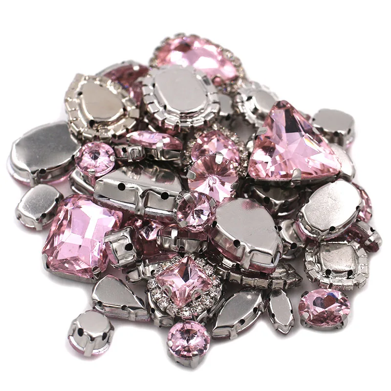 50pcs/Bag Pink Mixed Shape Sew on Glass Rhinestone Silver Claw and Crystal Buckle Diy Wedding Decoration Clothes/Shoe/Dress