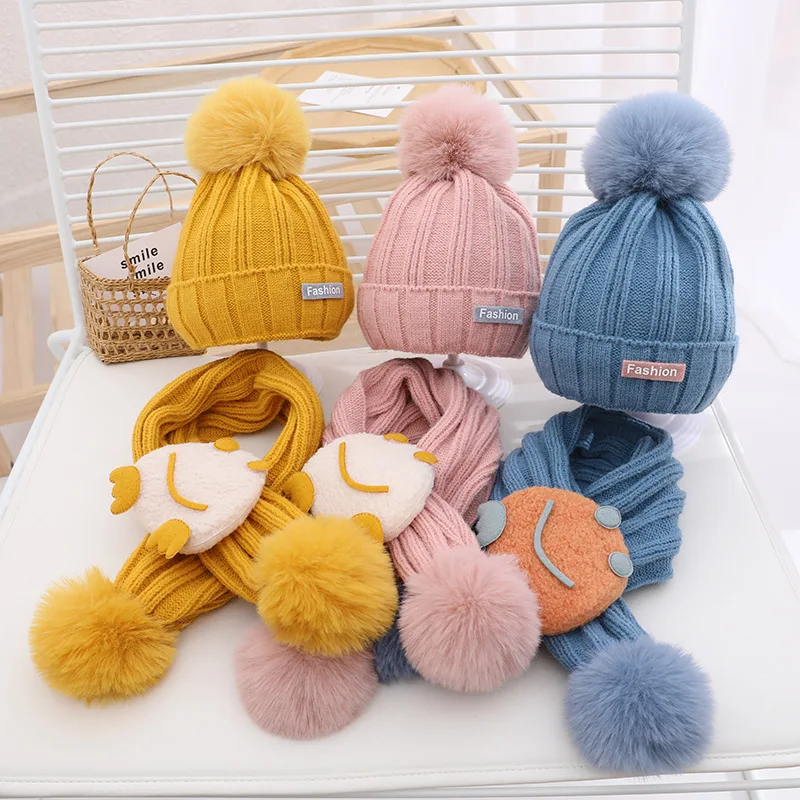 Doitbest Winter Boys Girls Warm Beanies Caps Scarf Hat Set 2021 Solid Acrylic Warm Baby Kids knit Hats Scarves sets