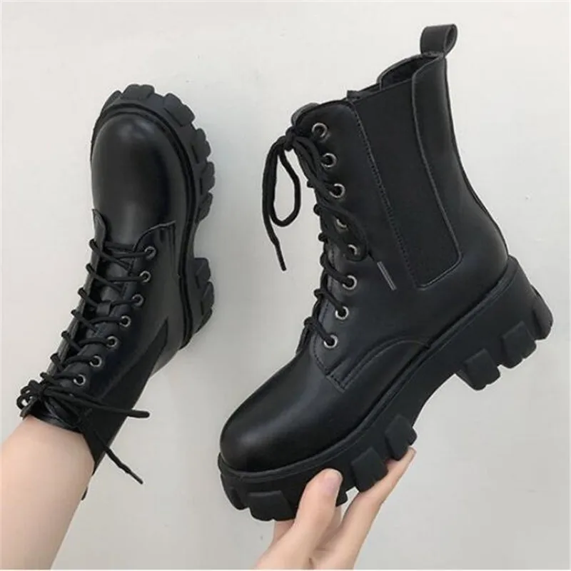 Boots Women Motorcycle Shoes Platforms Women Boots Wedges Female Lace Up Platforms Leather Oxford Shoes Woman High Heels