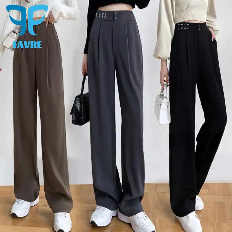 

FAVRE Khaki Wide Leg Pants Womens Casual Loose Straight Suit Pants Spring Autumn High Waist Drape Trousers