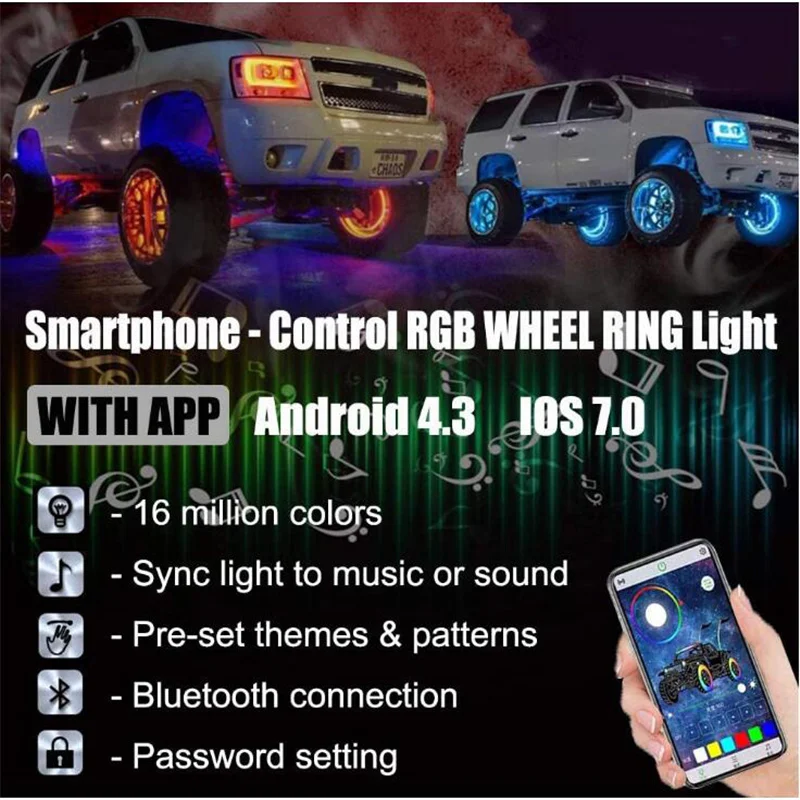 Dream Chasing Color Flow 15.5‘’ Led Wheel Ring Lights Car Tire Lights Blue-Tooth APP Control 178 Models DIY Colors