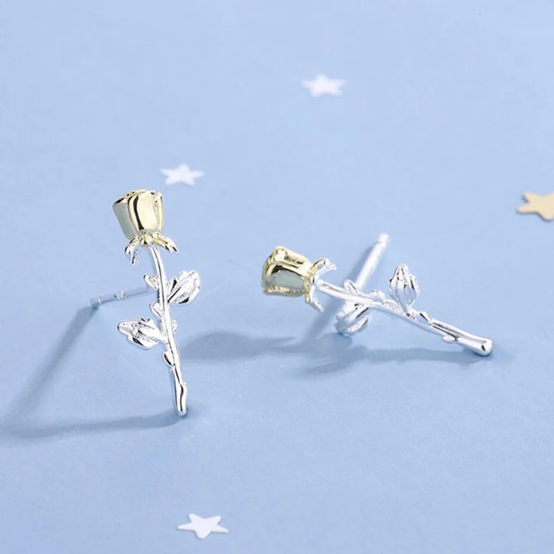 KOFSAC Romantic Two Colour Gold Flower Rose Stud Earrings For Women 925 Sterling Silver Jewelry Lady Fashion Earring Daily Wear