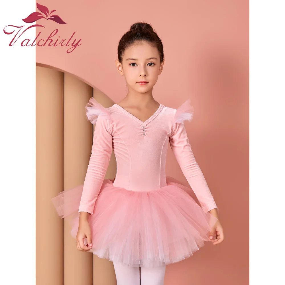 Kinder Prinzessin Elegante Samt Dance Einteiliges Lange Ärmeln Übung Kleid Ballett Rock Performance Anzug