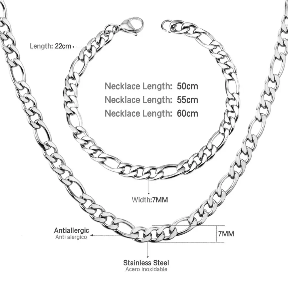 LUXUSTEEL Stainless Steel Figaro Necklace Bracelet Sets Women Men 7mm Big Width Long Chain Hiphop Jewelry Set Wholesale