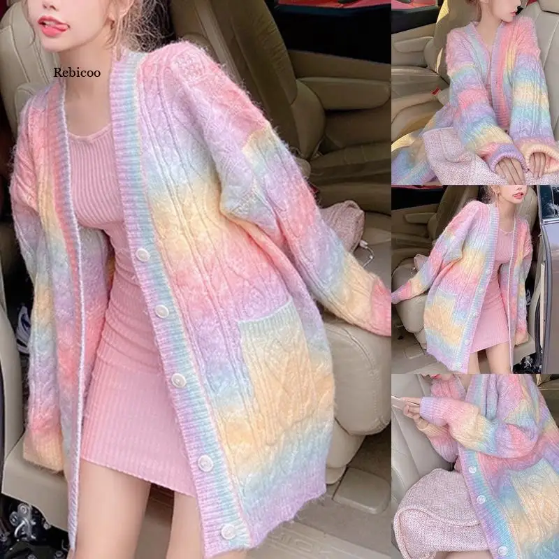 Women Rainbow Knitted Cardigan Long Sleeve Button Down Open Front Sweater Coat