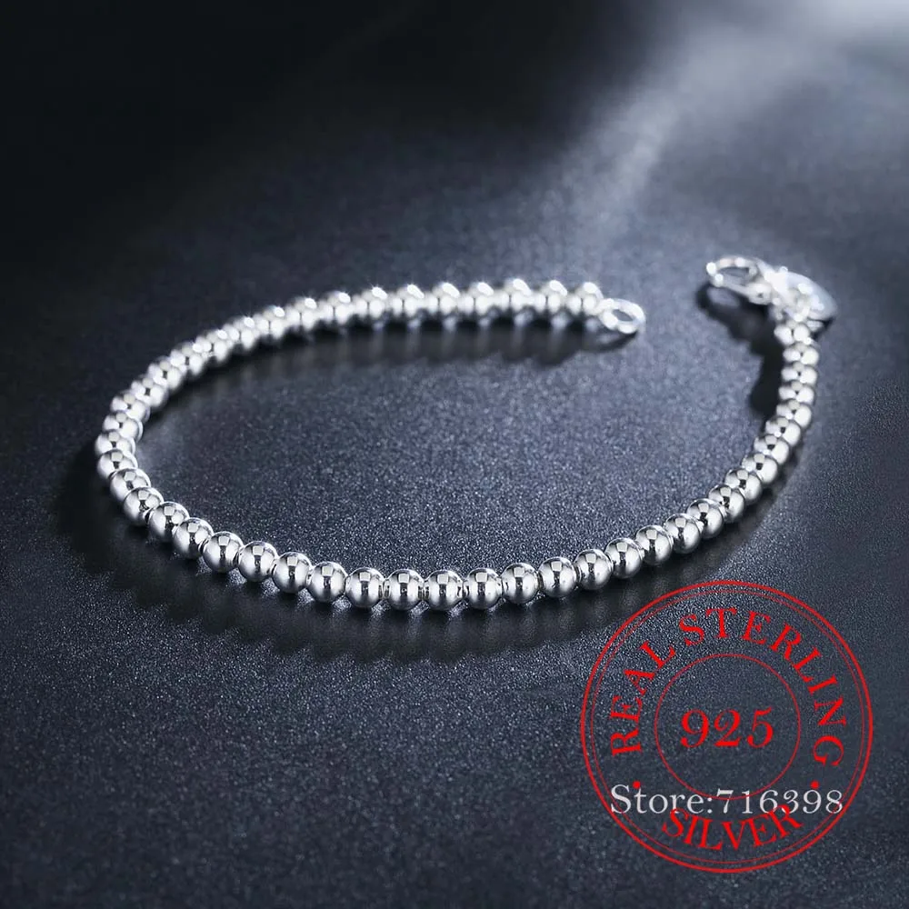 100% prawdziwe 925 srebro bransoletka dla kobiet mężczyzn Homme 4MM koraliki łańcuszek kulkowy bransoletki bransoletki klasyczne Pulsera De Mujer — zdjęcie 5