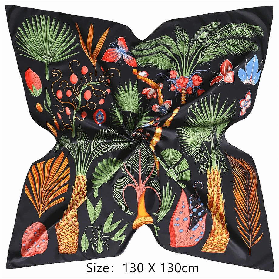 130cm Luxury Brand Scarf New Design Sago Cycas Palm Tree Square Scarf Twill Silk Scarf Women Bandanna Scarves For Ladies Shawl