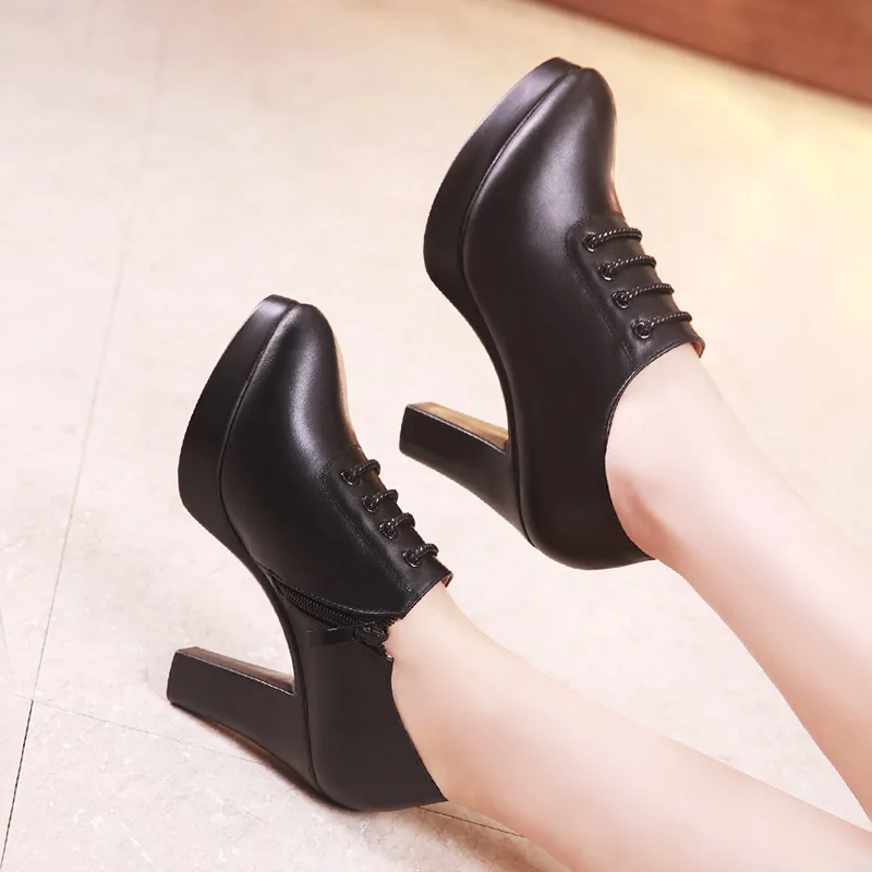 GKTINOO New Office Ladies Shoes Women Pumps High Heels Deep Mouth Block Lace Up Platform Heels Fashion Leather Shoe Black